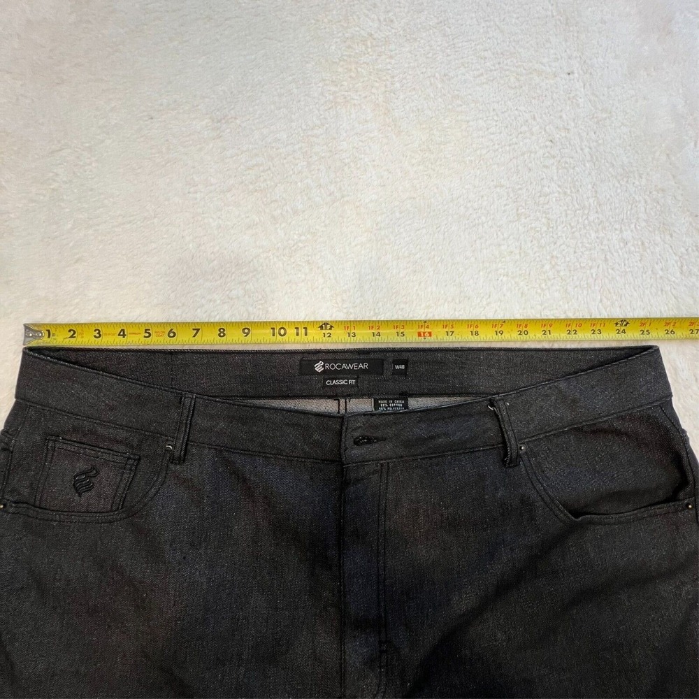 Rocawear Jeans 48x31 Classic Fit BLACK Embroidered Flap Pockets Y2k Baggy Wide - Picture 5 of 10